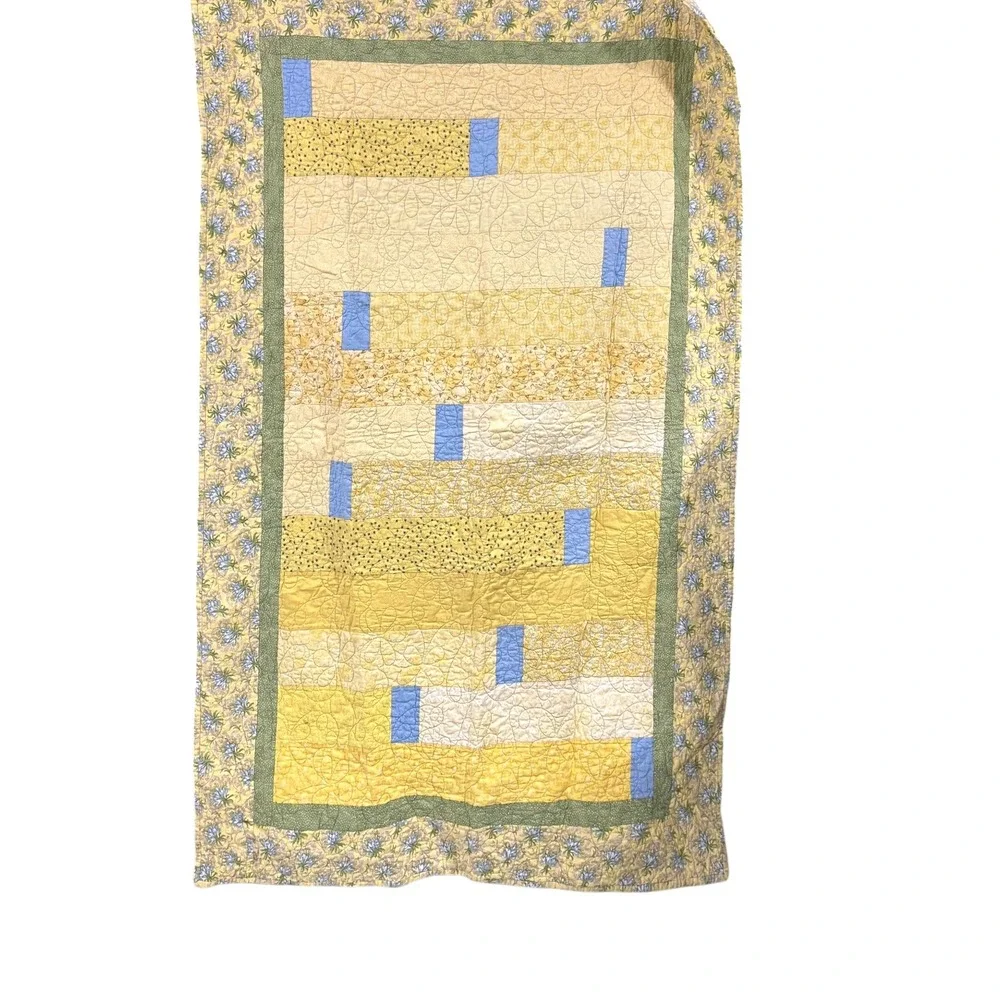 Handmade Yellow Patchwork Quilt Blue Floral Reversible Tea Cup Throw 42x66